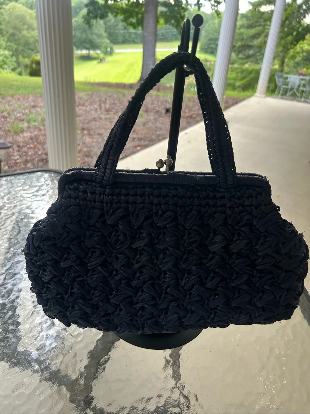 Navy Blue Woven Raffia Kiss Lock Top Handle Handbag Coastal Summer Purse